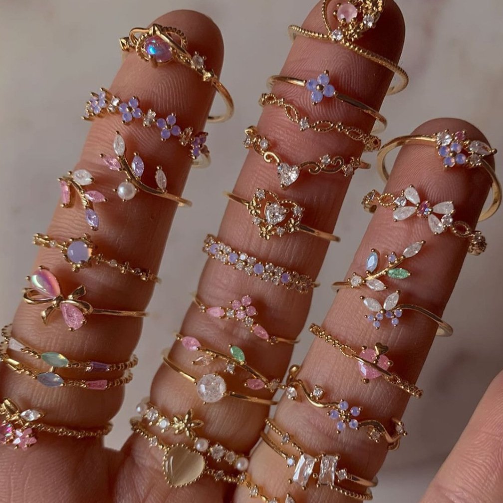 Fashionable Sakura Women's Ring Sweet Girl Exquisite Sparkling Water Diamond Crystal Open Loop