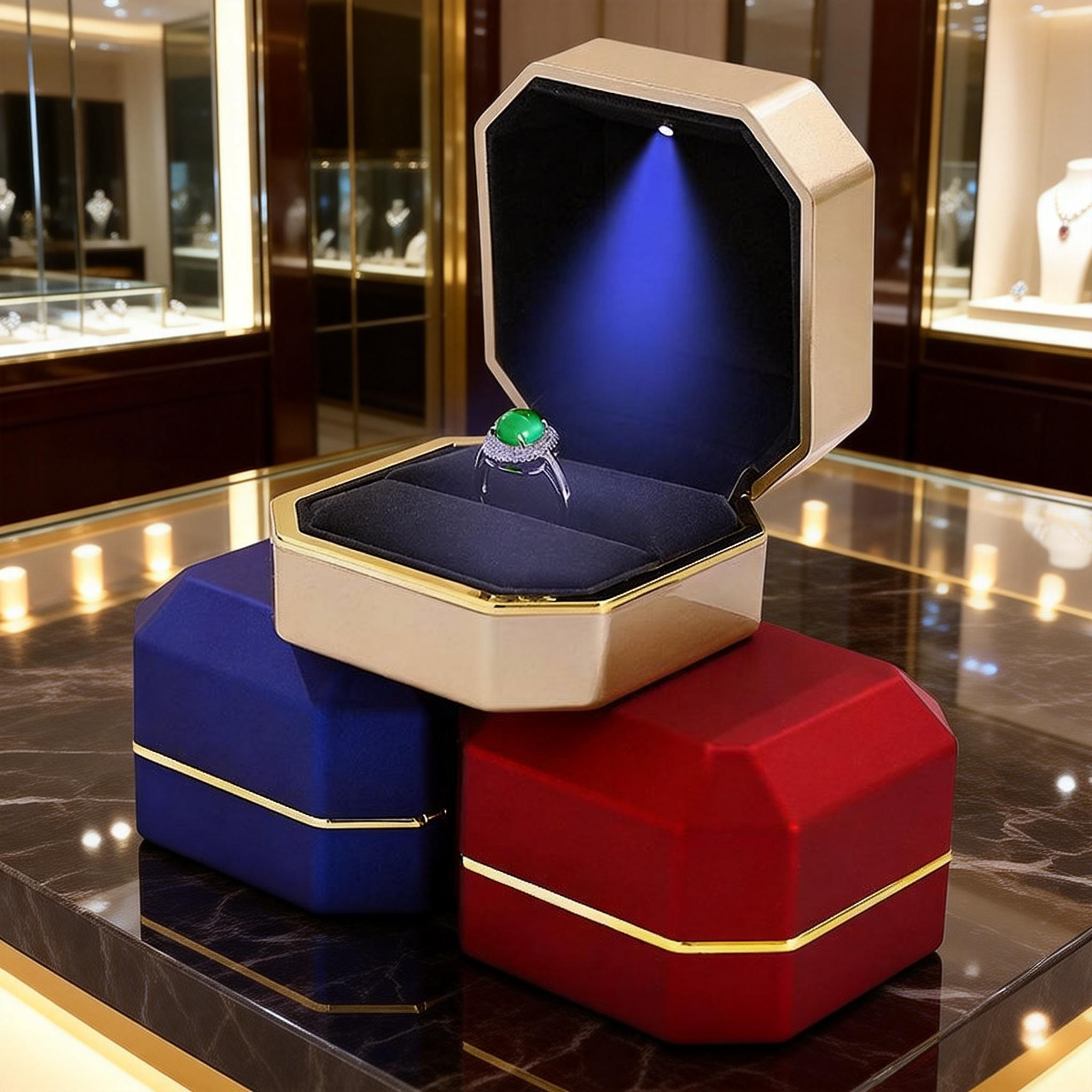 2026 High quality luxury gold OEM ODM customized brand logo LED jewelry box light, can accommodate rings