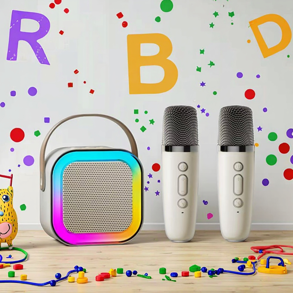 Children's portable mini K12 karaoke speaker RGB light dual microphone wireless Bluetooth audio 10W home theater outdoor singing battery