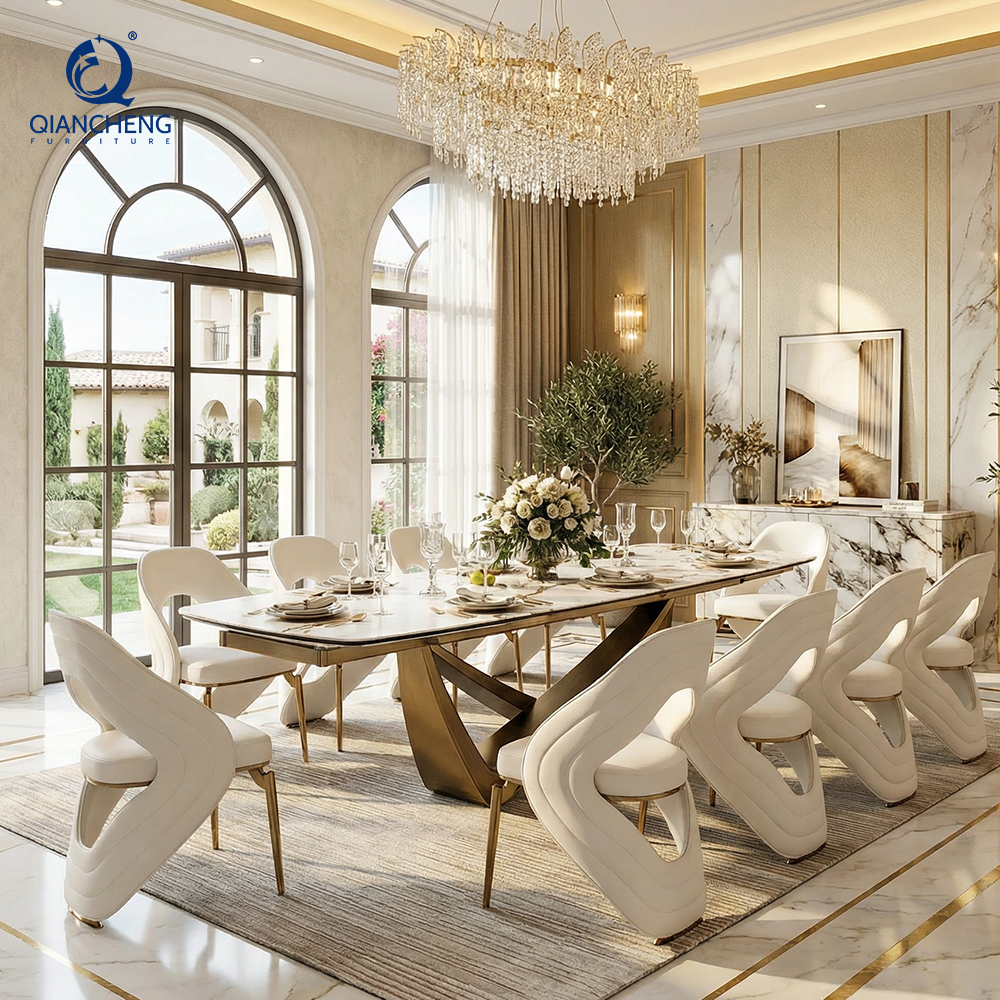 Hot selling dining table with 8 chairs, 12mm ceramic marble tabletop, cheaper modern home furniture, expandable dining table set